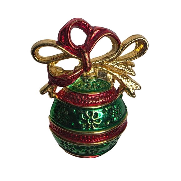 Vtg AAI Christmas Ornament Pin Brooch Red & Green Gold-Tone Ribbon holiday - Picture 1 of 4